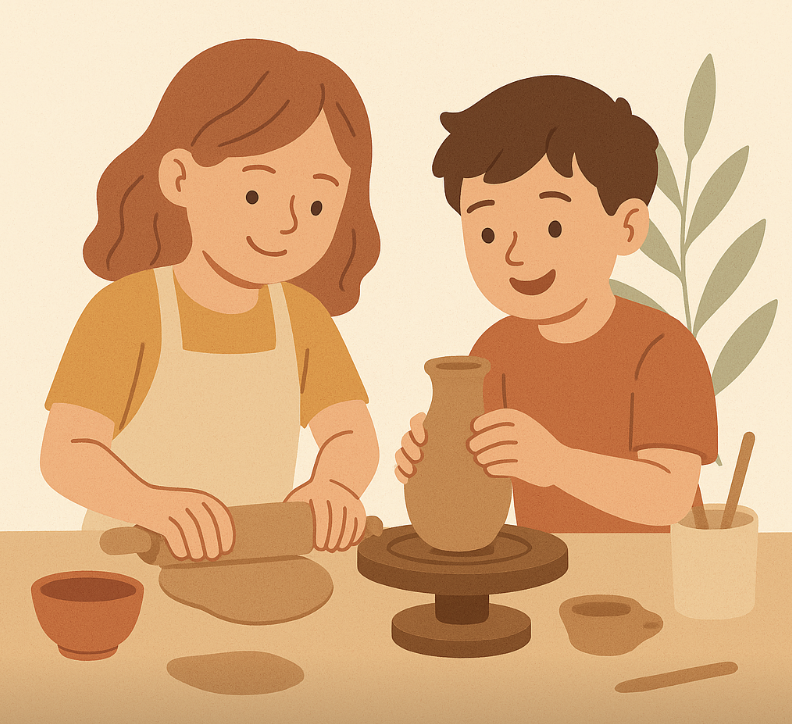 illustration de deux enfant entrain de faire de la poterie
